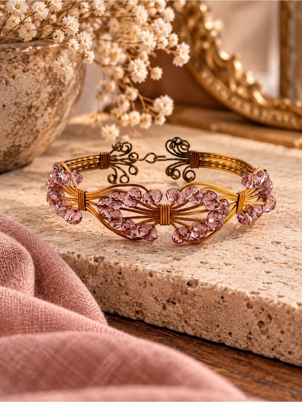 Elegant Gold-Tone Bracelet with Pink Crystal Accents